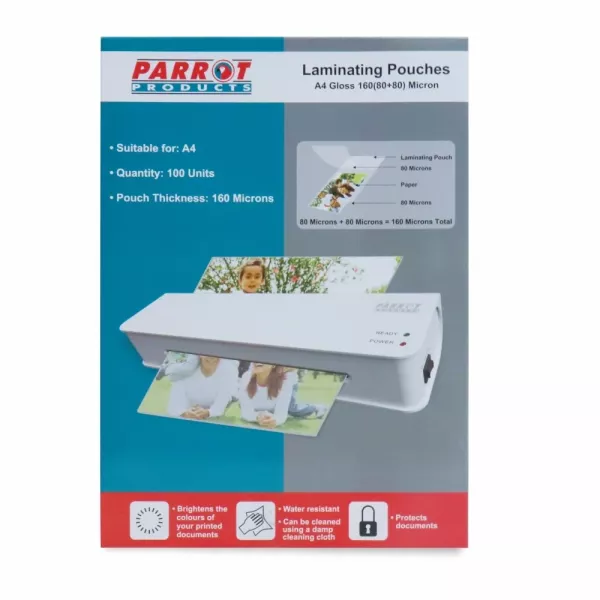 PARROT A4 Laminating Pouches Gloss 160 Micron Box 100 PARROT A4 gloss laminating pouches 160 micron box of 100 for certificates, notices and office documents