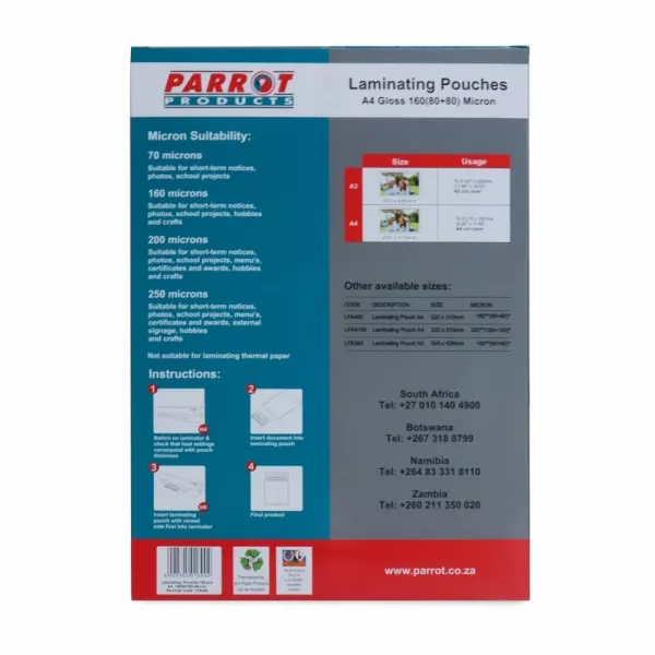 PARROT A4 Laminating Pouches Gloss 160 Micron Box 100 PARROT A4 gloss laminating pouches 160 micron box of 100 for certificates, notices and office documents