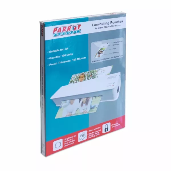 PARROT A4 Laminating Pouches Gloss 160 Micron Box 100 PARROT A4 gloss laminating pouches 160 micron box of 100 for certificates, notices and office documents