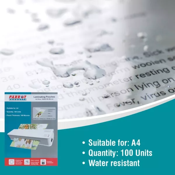 PARROT A4 Laminating Pouches Gloss 160 Micron Box 100 PARROT A4 gloss laminating pouches 160 micron box of 100 for certificates, notices and office documents