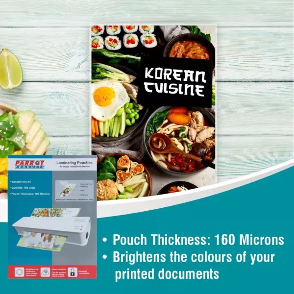 PARROT A4 Laminating Pouches Gloss 160 Micron Box 100 PARROT A4 gloss laminating pouches 160 micron box of 100 for certificates, notices and office documents