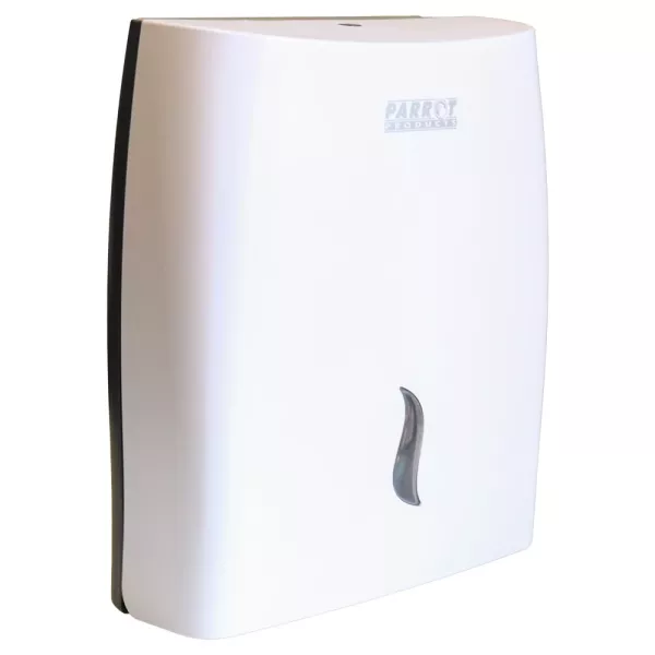 Parrot JA0507 paper hand towel dispenser front view Parrot JA0507 white plastic paper hand towel dispenser front view with viewing window