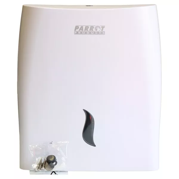 Parrot JA0507 paper hand towel dispenser front view Parrot JA0507 white plastic paper hand towel dispenser front view with viewing window