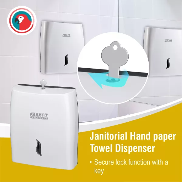 Parrot JA0507 paper hand towel dispenser front view Parrot JA0507 white plastic paper hand towel dispenser front view with viewing window