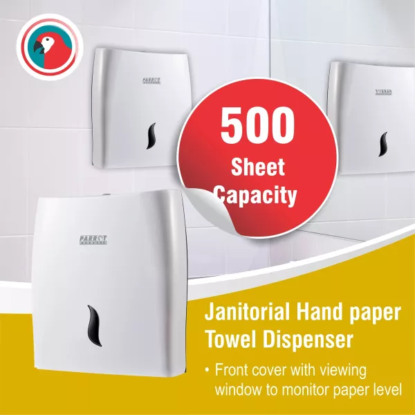 Parrot JA0507 paper hand towel dispenser front view Parrot JA0507 white plastic paper hand towel dispenser front view with viewing window