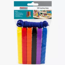 Parrot Counting Cubes 100 Piece Pack View Pack view of Parrot Counting Cubes 100 Piece AB1012 with colourful cubes and navy blue laces