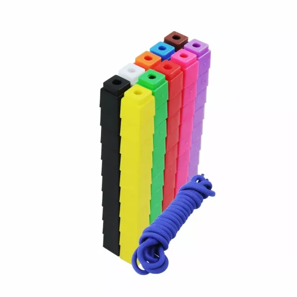 Pack view of Parrot Counting Cubes 100 Piece AB1012 with colourful cubes and navy blue laces