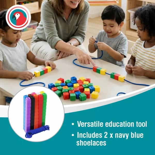Pack view of Parrot Counting Cubes 100 Piece AB1012 with colourful cubes and navy blue laces