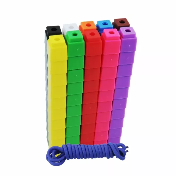 Pack view of Parrot Counting Cubes 100 Piece AB1012 with colourful cubes and navy blue laces