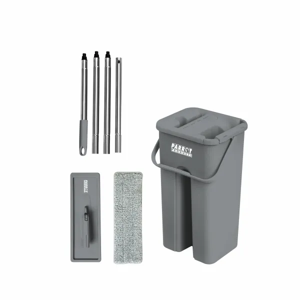 Parrot Flat Head Mop & Dual-Chamber Bucket 6.5 L Parrot flat head mop with 6.5 L dual-chamber bucket and stainless steel pole