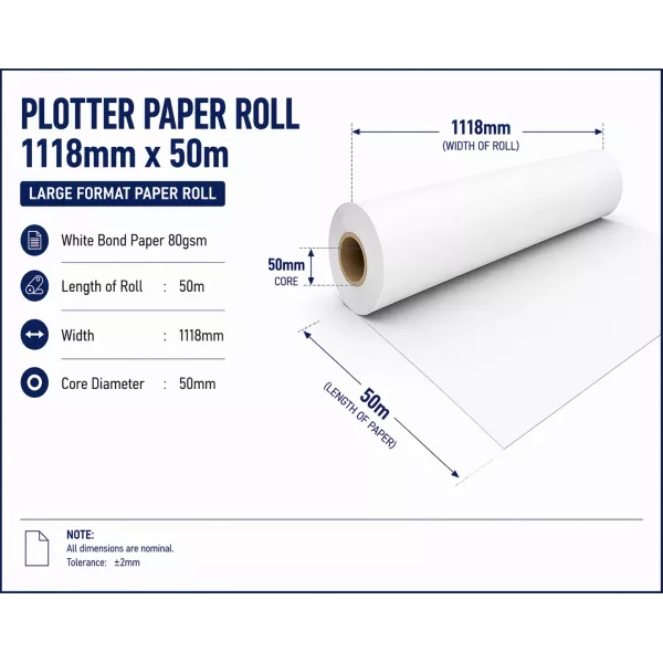 Bond Paper Plotter Roll 1118mm x 50m 80gsm (50mm Core) Bond Paper Plotter Roll 1118mm x 50m 80gsm (50mm Core)