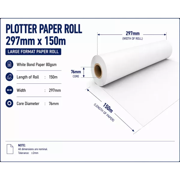 Bond Paper Plotter Roll 297mm x 150m 80gsm (76mm Core) Bond Paper Plotter Roll 297mm x 150m 80gsm (76mm Core)