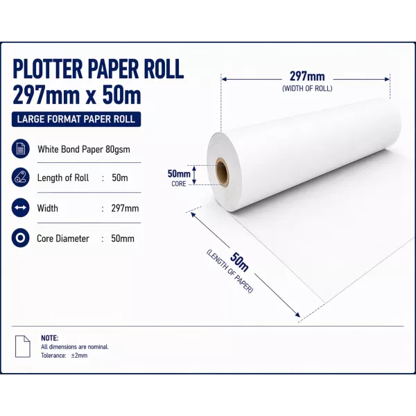 Bond Paper Plotter Roll 297mm x 50m 80gsm (50mm Core) Bond Paper Plotter Roll 297mm x 50m 80gsm (50mm Core)