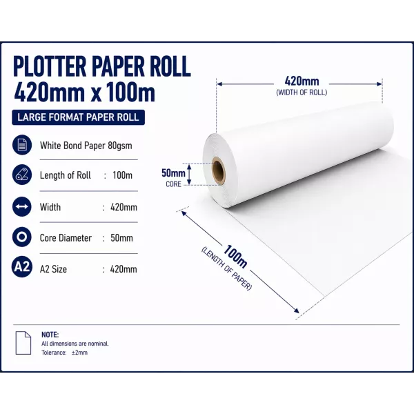 Bond Paper Plotter Roll 420mm x 100m A2 80gsm (50mm Core) Bond Paper Plotter Roll 420mm x 100m A2 80gsm (50mm Core)