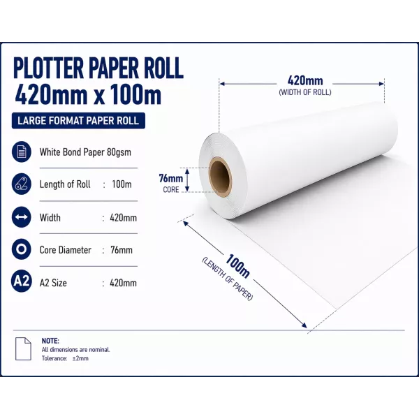 Bond Paper Plotter Roll 420mm x 100m A2 80gsm (76mm Core) Bond Paper Plotter Roll 420mm x 100m A2 80gsm (76mm Core)