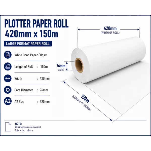 Bond Paper Plotter Roll 420mm x 150m A2 80gsm (76mm Core) Bond Paper Plotter Roll 420mm x 150m A2 80gsm (76mm Core)