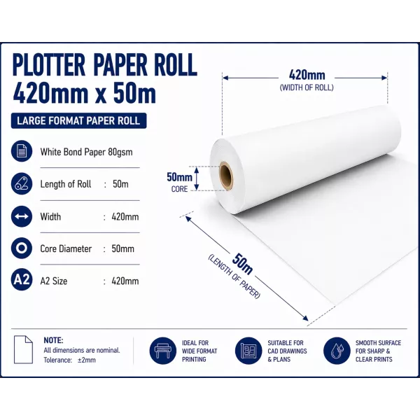 Bond Paper Plotter Roll 420mm x 50m A2 80gsm (50mm Core) Bond Paper Plotter Roll 420mm x 50m A2 80gsm (50mm Core)