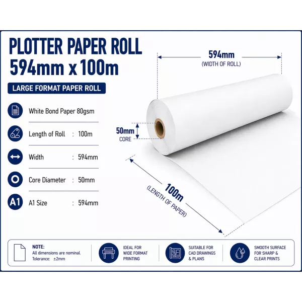 Bond Paper Plotter Roll 594mm x 100m A1 80gsm (50mm Core) Bond Paper Plotter Roll 594mm x 100m A1 80gsm (50mm Core)