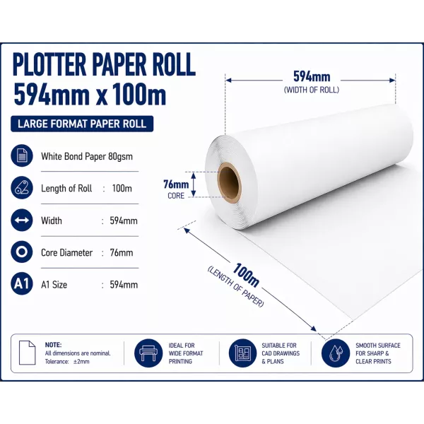 Bond Paper Plotter Roll 594mm x 100m A1 80gsm (76mm Core)