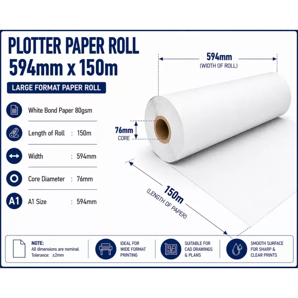 Bond Paper Plotter Roll 594mm x 150m A1 80gsm (76mm Core) Bond Paper Plotter Roll 594mm x 150m A1 80gsm (76mm Core)