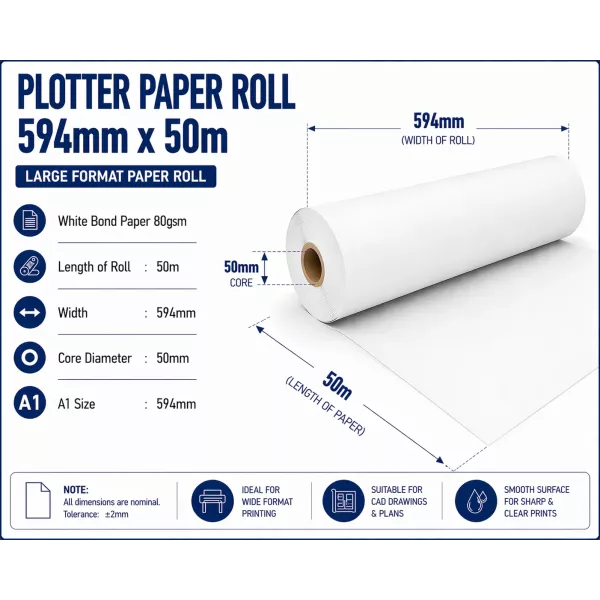 Bond Paper Plotter Roll 594mm x 50m A1 80gsm (50mm Core)