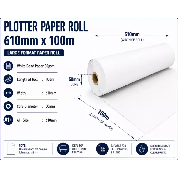 Bond Paper Plotter Roll 610mm x 100m A1+ 80gsm (50mm Core) Bond Paper Plotter Roll 610mm x 100m A1+ 80gsm (50mm Core)