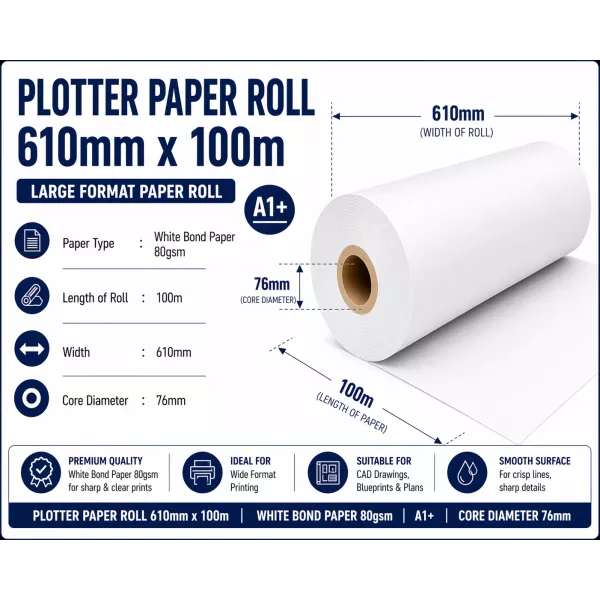 Bond Paper Plotter Roll 610mm x 100m A1+ 80gsm (76mm Core) Bond Paper Plotter Roll 610mm x 100m A1+ 80gsm (76mm Core)