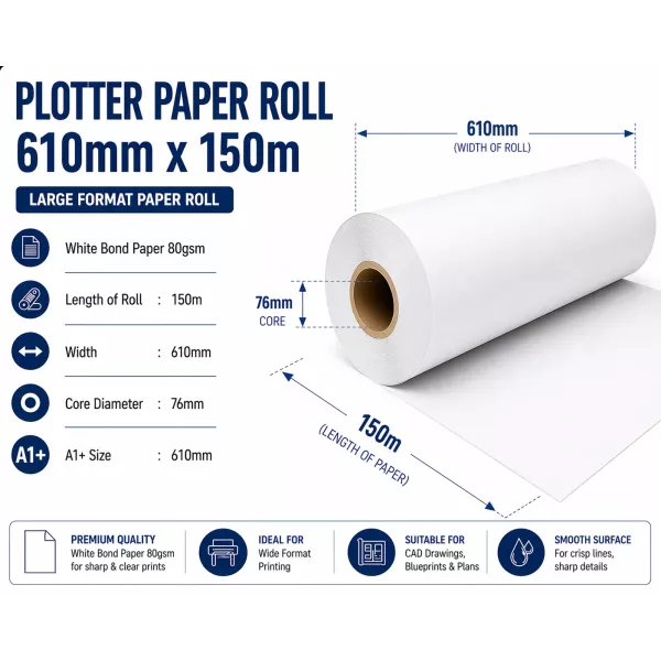 Bond Paper Plotter Roll 610mm x 150m A1+ 80gsm (76mm Core)