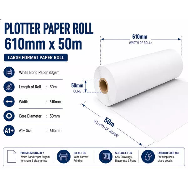 Bond Paper Plotter Roll 610mm x 50m A1+ 80gsm (50mm Core) Bond Paper Plotter Roll 610mm x 50m A1+ 80gsm (50mm Core)