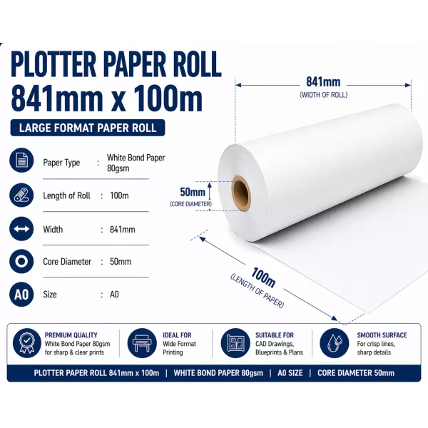 Bond Paper Plotter Roll 841mm x 100m A0 80gsm (50mm Core) Bond Paper Plotter Roll 841mm x 100m A0 80gsm (50mm Core)