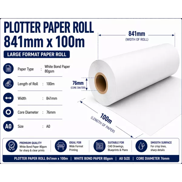 Bond Paper Plotter Roll 841mm x 100m A0 80gsm (76mm Core) Bond Paper Plotter Roll 841mm x 100m A0 80gsm (76mm Core)