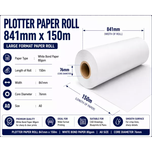 Bond Paper Plotter Roll 841mm x 150m A0 80gsm (76mm Core) Bond Paper Plotter Roll 841mm x 150m A0 80gsm (76mm Core)