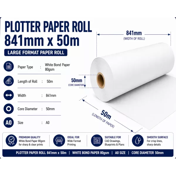 Bond Paper Plotter Roll 841mm x 50m A0 80gsm (50mm Core) Bond Paper Plotter Roll 841mm x 50m A0 80gsm (50mm Core)