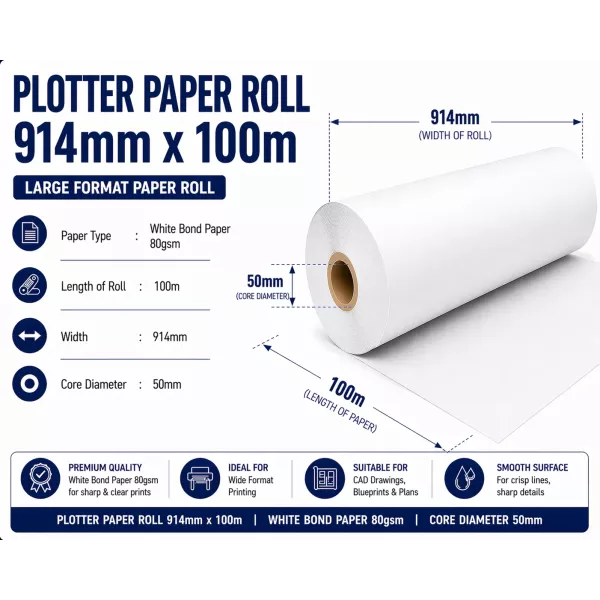 Bond Paper Plotter Roll 914mm x 100m 80gsm (50mm Core) Bond Paper Plotter Roll 914mm x 100m 80gsm (50mm Core)