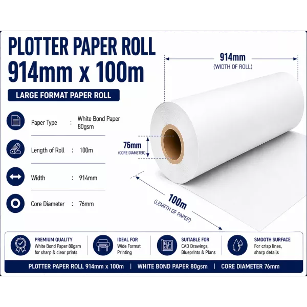 Bond Paper Plotter Roll 914mm x 100m 80gsm (76mm Core)