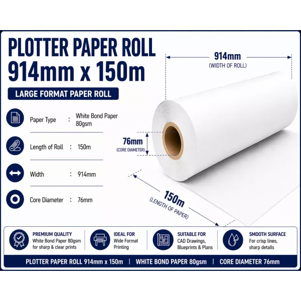Bond Paper Plotter Roll 914mm x 150m 80gsm (76mm Core) Bond Paper Plotter Roll 914mm x 150m 80gsm (76mm Core)