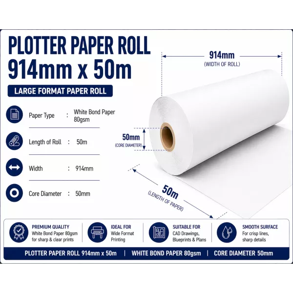 Bond Paper Plotter Roll 914mm x 50m 80gsm (50mm Core) Bond Paper Plotter Roll 914mm x 50m 80gsm (50mm Core)
