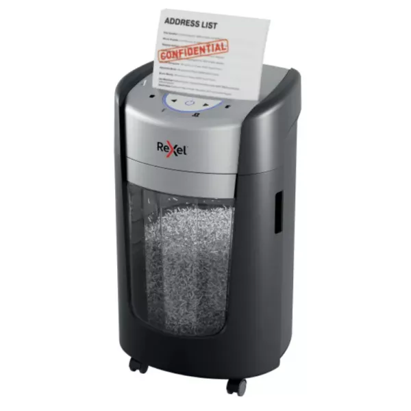Leitz IQ OptiMax Office Micro Cut P5 Shredder – Front View Front view of Leitz IQ OptiMax Office Micro Cut P5 Shredder