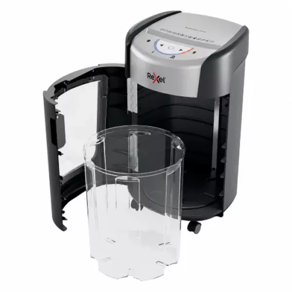 Leitz IQ OptiMax Office Micro Cut P5 Shredder – Front View Front view of Leitz IQ OptiMax Office Micro Cut P5 Shredder