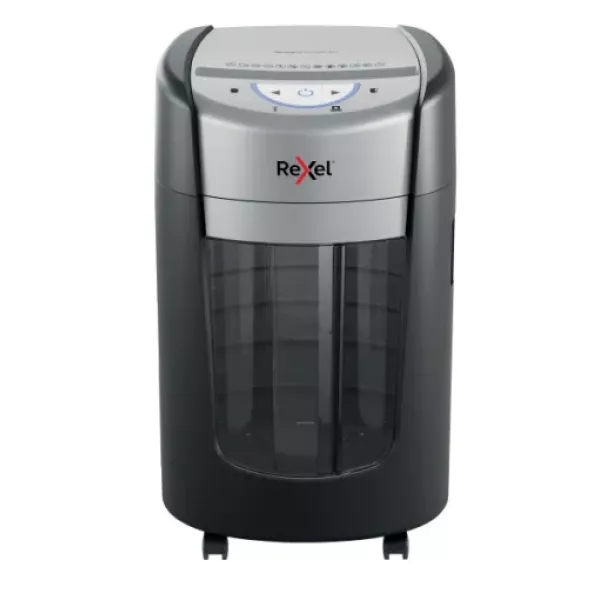 Leitz IQ OptiMax Office Micro Cut P5 Shredder – Front View Front view of Leitz IQ OptiMax Office Micro Cut P5 Shredder