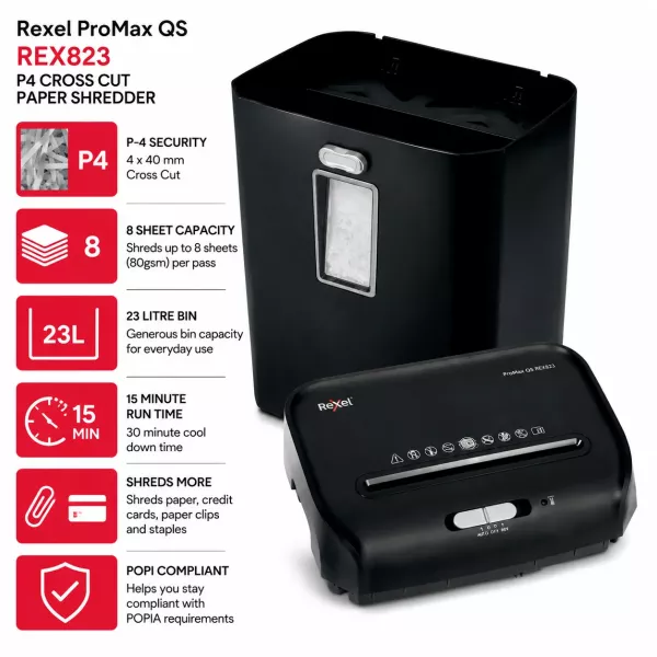 Rexel ProMax QS REX823 P4 Cross Cut Paper Shredder Rexel ProMax QS REX823 P4 cross cut paper shredder with 8 sheet capacity