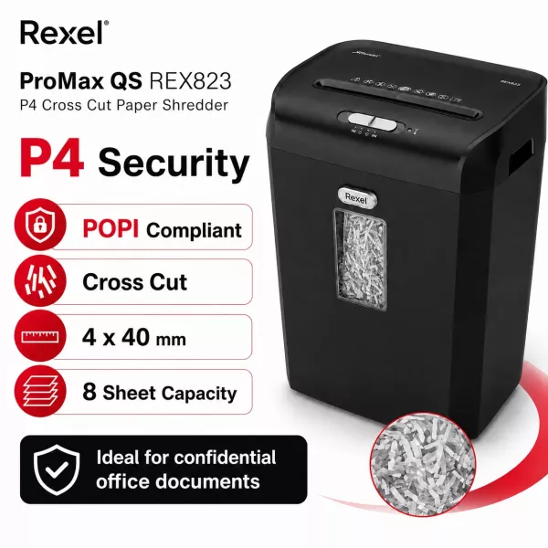 Rexel ProMax QS REX823 P4 Cross Cut Paper Shredder Rexel ProMax QS REX823 P4 cross cut paper shredder with 8 sheet capacity