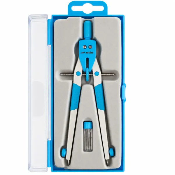 SDS blue bow compass set in transparent storage case with SDS Bow Compass Set branding