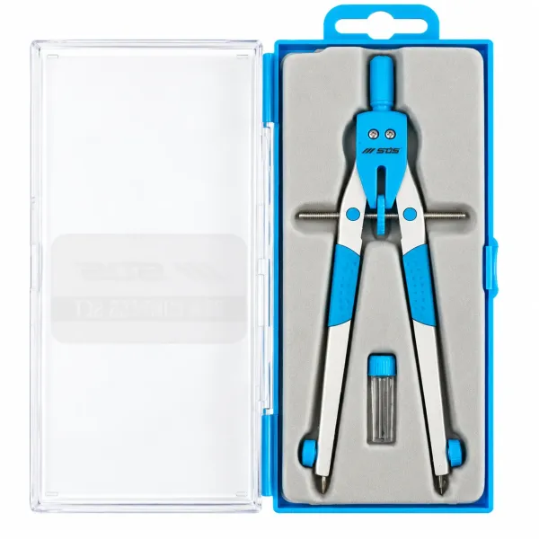 SDS blue bow compass set in transparent storage case with SDS Bow Compass Set branding