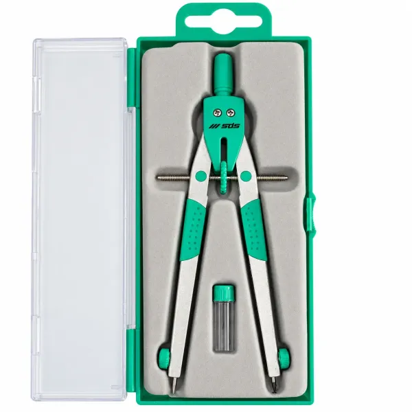 SDS green bow compass set in transparent storage case with SDS branding