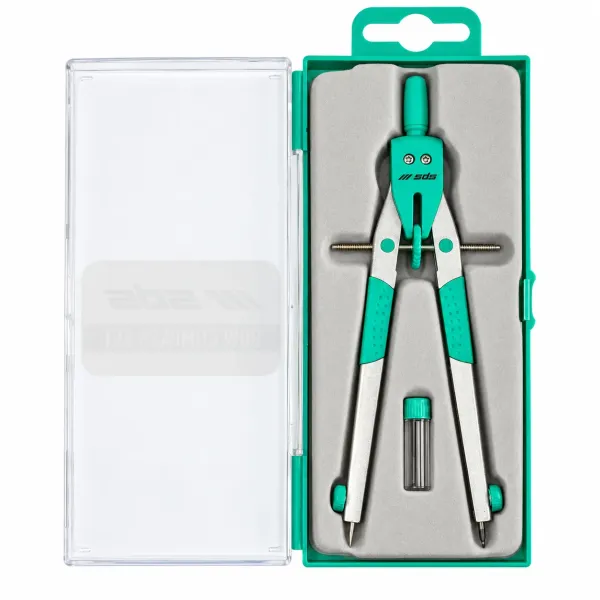 SDS green bow compass set in transparent storage case with SDS branding