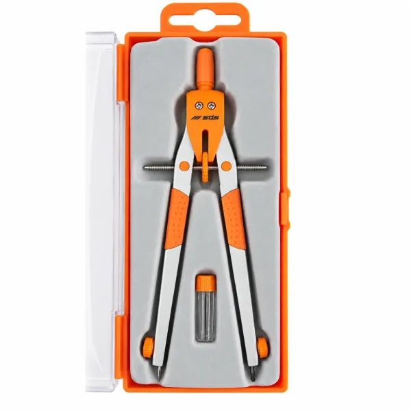 SDS Bow Compass Set Orange - Closed Case SDS orange bow compass set in transparent storage case with SDS branding