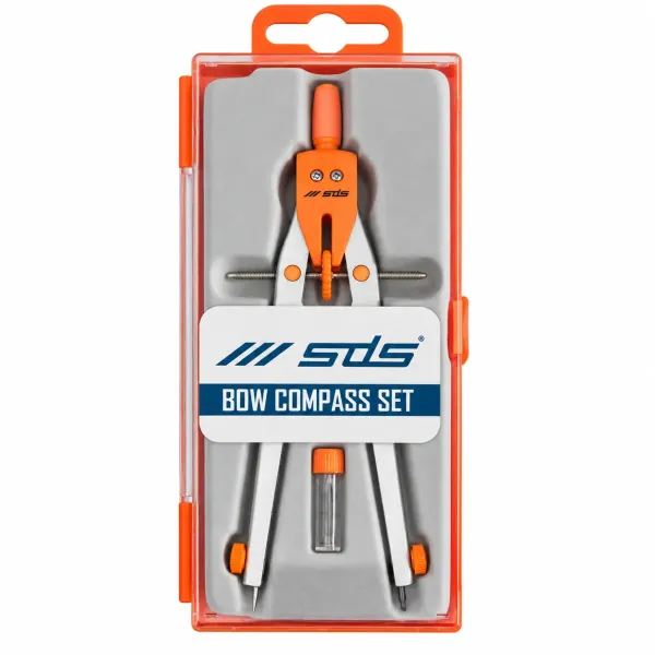 SDS Bow Compass Set Orange - Closed Case SDS orange bow compass set in transparent storage case with SDS branding
