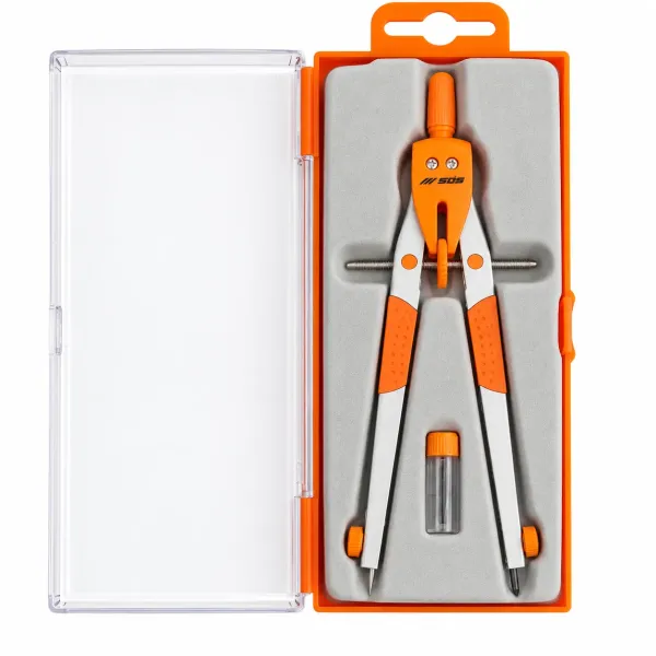 SDS Bow Compass Set Orange - Closed Case SDS orange bow compass set in transparent storage case with SDS branding