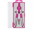 Close-up of SDS pink bow compass showing metal legs, pink grips and fine adjustment mechanism inside case